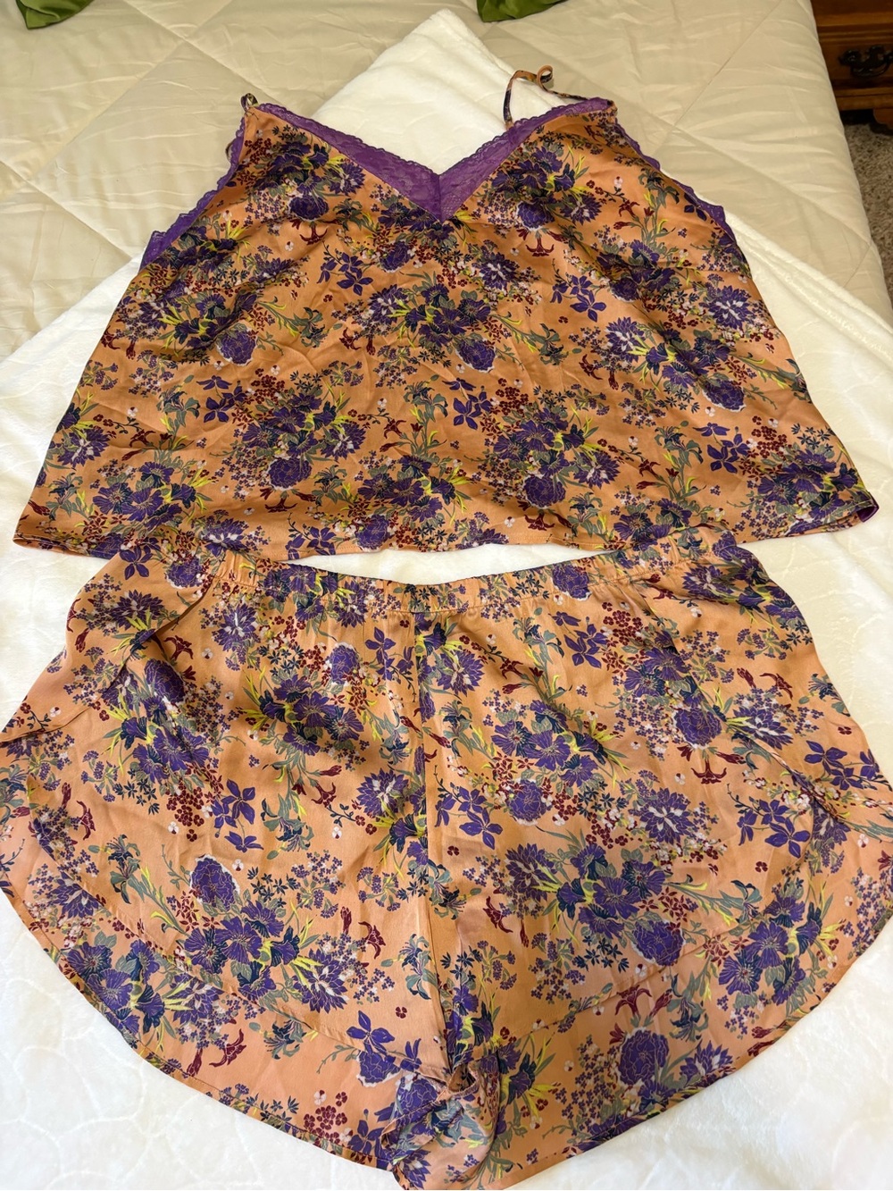 Adore Me Peach Satin Floral Camisole & Shorts Set with Purple Lace